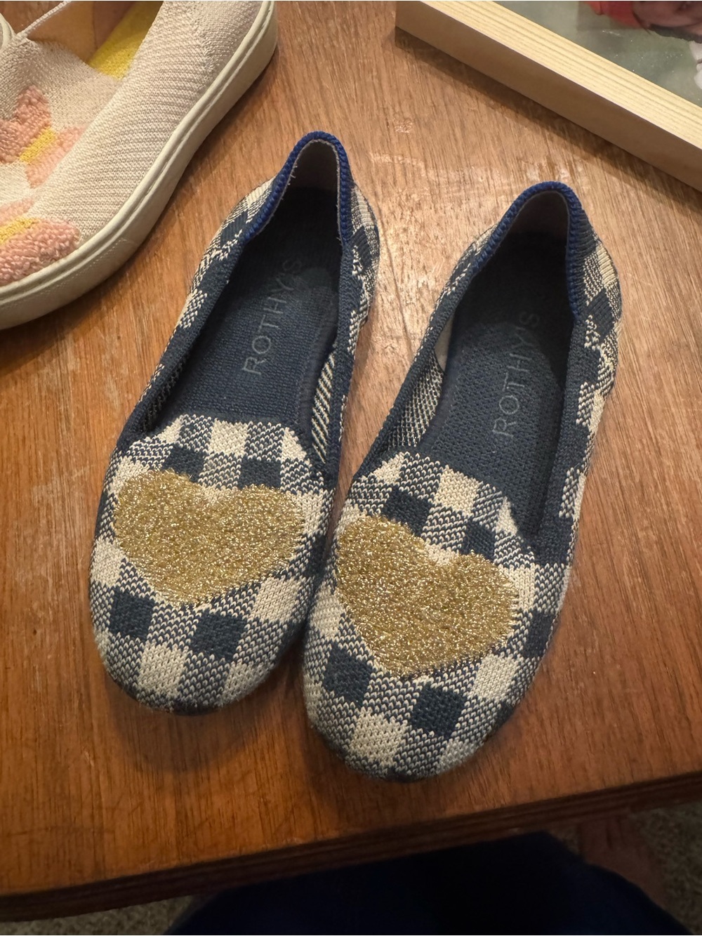 Rothy's Navy and Cream Checked Knit Flats with Gold Heart